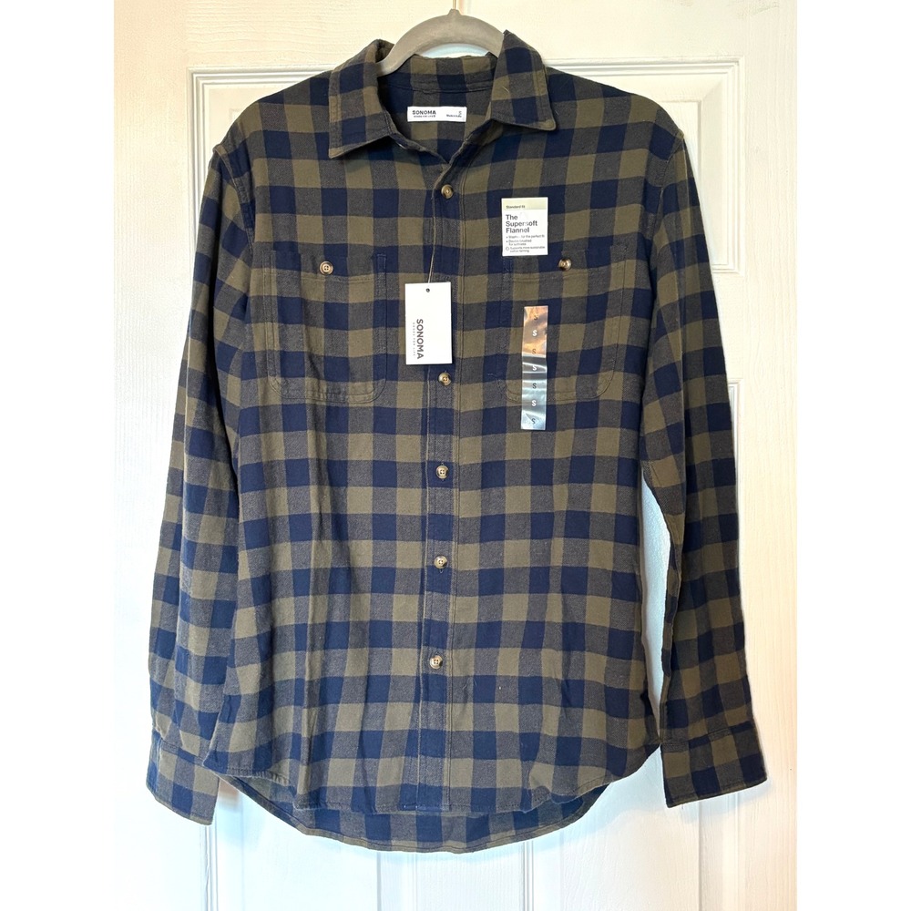 Sonoma Goods For Life Mens Supersoft Flannel Shirt‎ Olive Navy Buffalo Check S